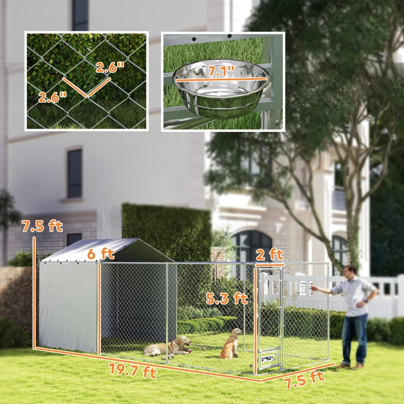 Galvanized Chain Link Large Outdoor Dog Kennel With Waterproof & UV-Resistant Cover, For M&L Dogs, 19.7' X 7.5' X 7.5',Multiple Packages