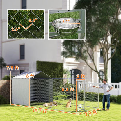 Galvanized Chain Link Large Outdoor Dog Kennel With Waterproof & UV-Resistant Cover, For M&L Dogs, 19.7' X 7.5' X 7.5',Multiple Packages