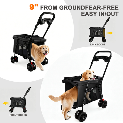 Pet Stroller, Foldable 4-Wheel Design, Breathable Mesh Dog Cat Stroller with Shockproof Wheels, Brake System, Storage Tray, 2 Fixed Safety Leashes, Large Space Pet Carrier for Small Medium Pets,Black
