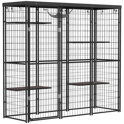 Weld Wire Catio Outdoor Indoor with Waterproof Cover, 4 Jumping Platforms, Hammock, for 1-3 Kittens, 69" x 22" x 62"