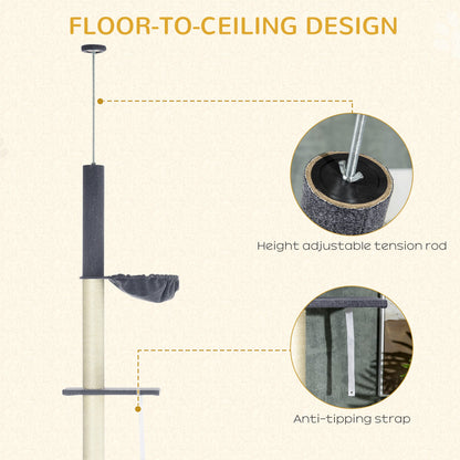 Floor To Ceiling Cat Tree, 5-Tier Cat Climbing Tower, 95-106 Height Adjustable with Carpeted Platforms, Cozy Bed, Hammock, Scratching Post & Toy Ball for Indoor Cats, Dark Gray and Cream