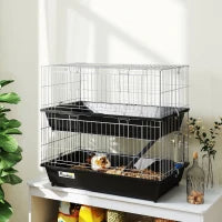 PawHut 2-Tier Small Animal Cage With 2 Doors, Trays, Dish, Bottle, And Ramp For Bunny, Ferret, Chinchilla, Black
