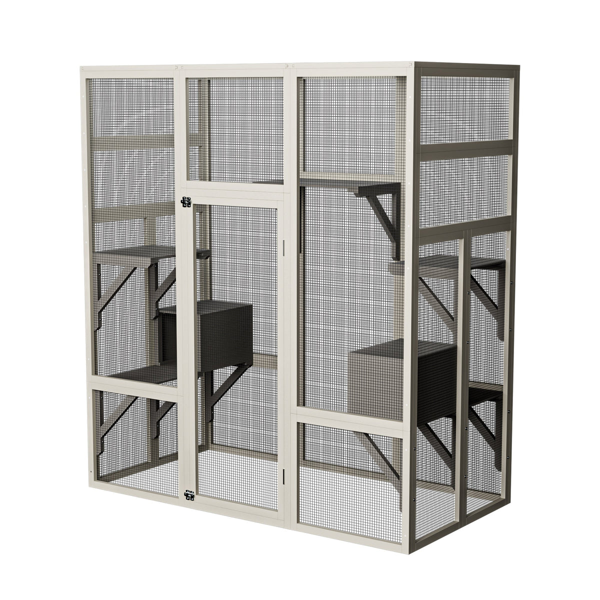 62.6" Gray Outdoor Wooden Cat House Large Catio, Solid Wood Cat Cage Shelter Enclosure Playpen with Anti-UV& Waterproof, 5 Platforms and 2 Resting Boxes