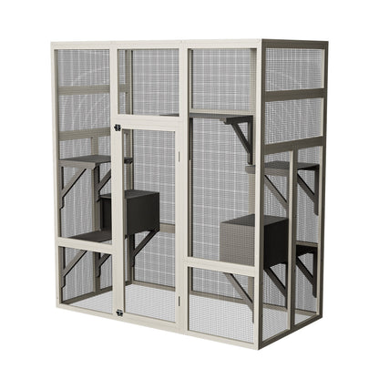 62.6" Gray Outdoor Wooden Cat House Large Catio, Solid Wood Cat Cage Shelter Enclosure Playpen with Anti-UV& Waterproof, 5 Platforms and 2 Resting Boxes