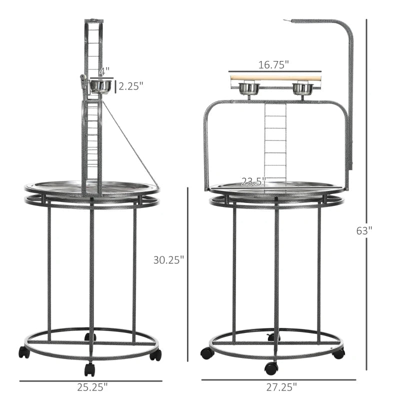 PawHut Parrot Stand Large Bird Perch Stand With Toy Hook  3 Ladders, Parrot Perch, Bird Wooden Stand, Gray