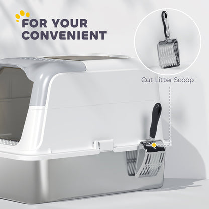 Extra Large Stainless Steel Litter Box, Enclosed Cat Litter Box with Scoop, Deodorizer Bag, Sand Drop Pedal