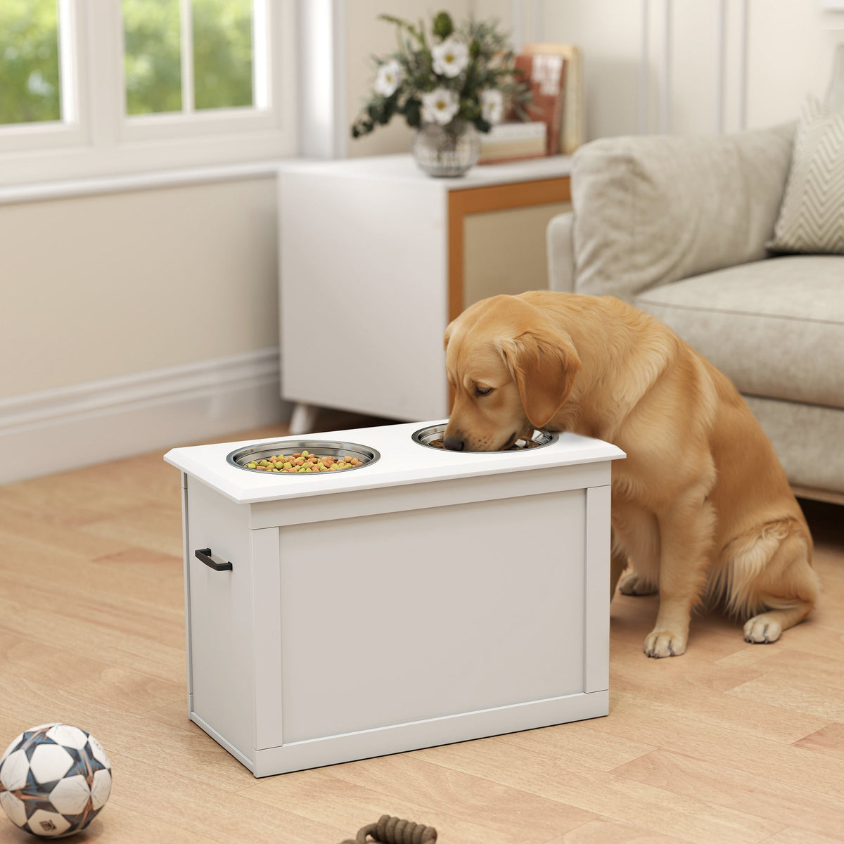 Raised Pet Feeding Storage Station with 2 Stainless Steel Bowls Base for Large Dogs and Other Large Pets, White