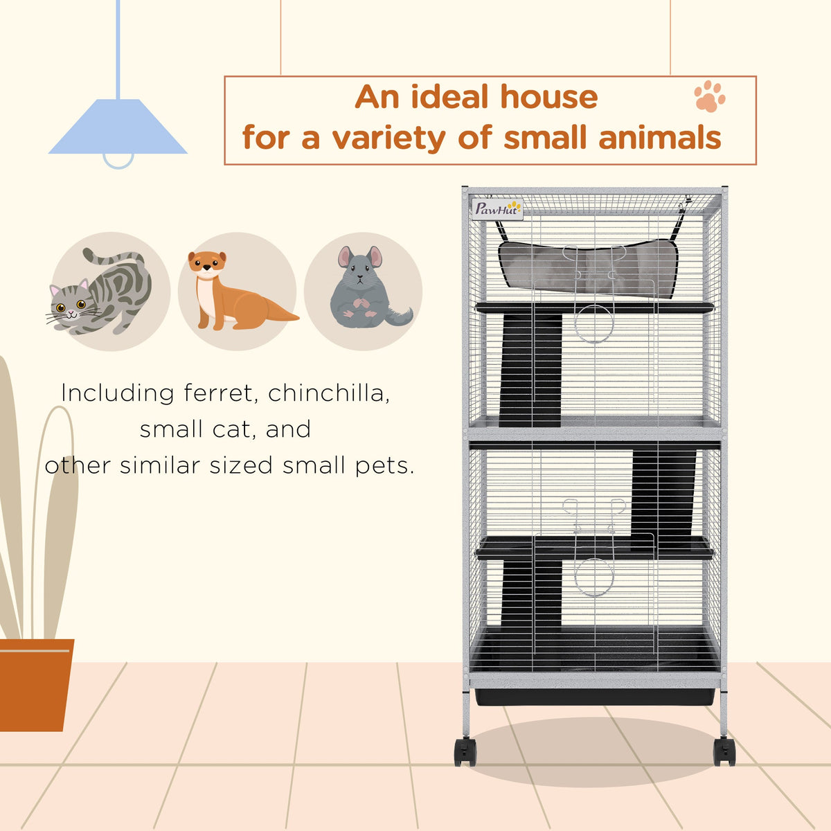 45" H Rolling Small Animal Cage with Hammock, Ferret Cage, Chinchilla Cage, Pet Habitat with 6 Doors, Removable Tray