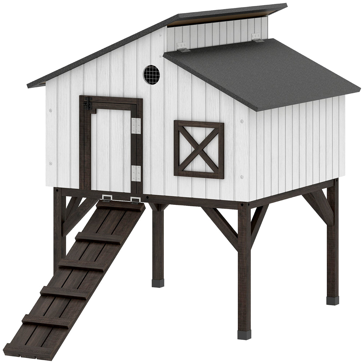 Chicken Coop Hen House with Nesting Box, Elevated Rabbit Hutch with Ramp, Asphalt Openable Roof and Elevated Legs