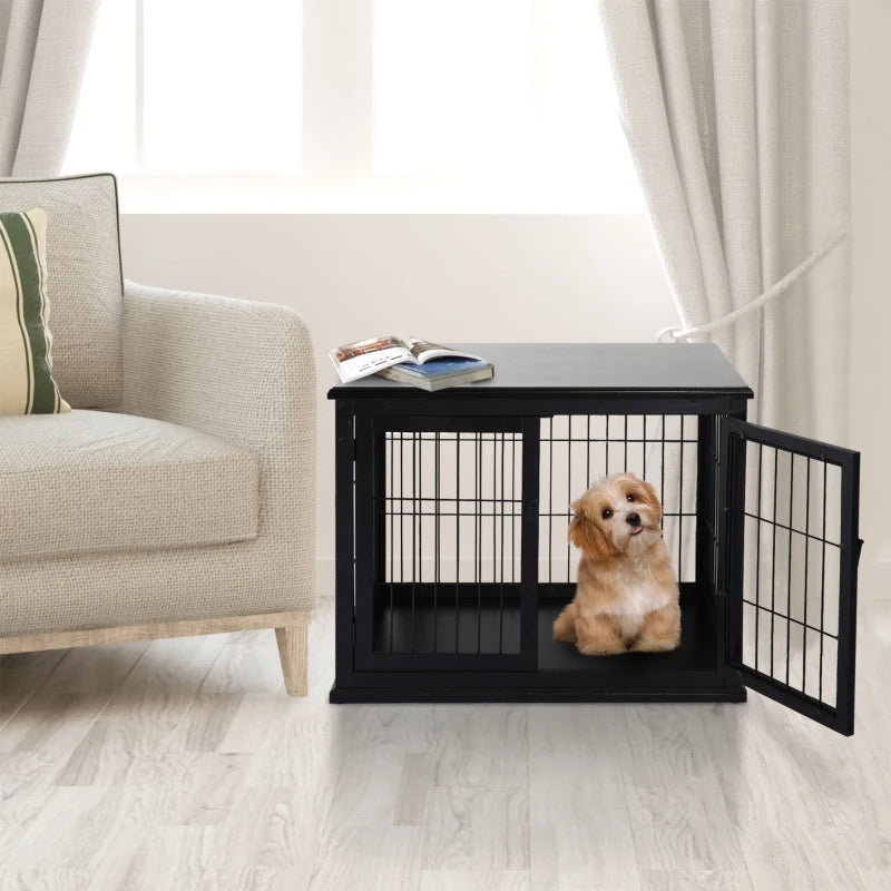 Crate Furniture, 32Small Dog Cage End Table With 2 Doors, Lockable Door, Puppy Kennel Indoor, Black