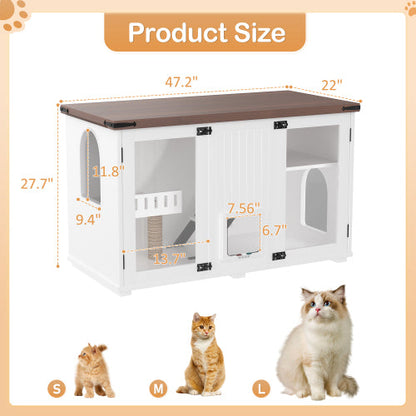 47.25 Large Cat Litter Box Enclosure With LED Light, Hidden Litter Box Furniture, Cat House With Stairs And Cat Scratching Post, Cat Cabinet Side Table With Smart Doors For Living Room, White