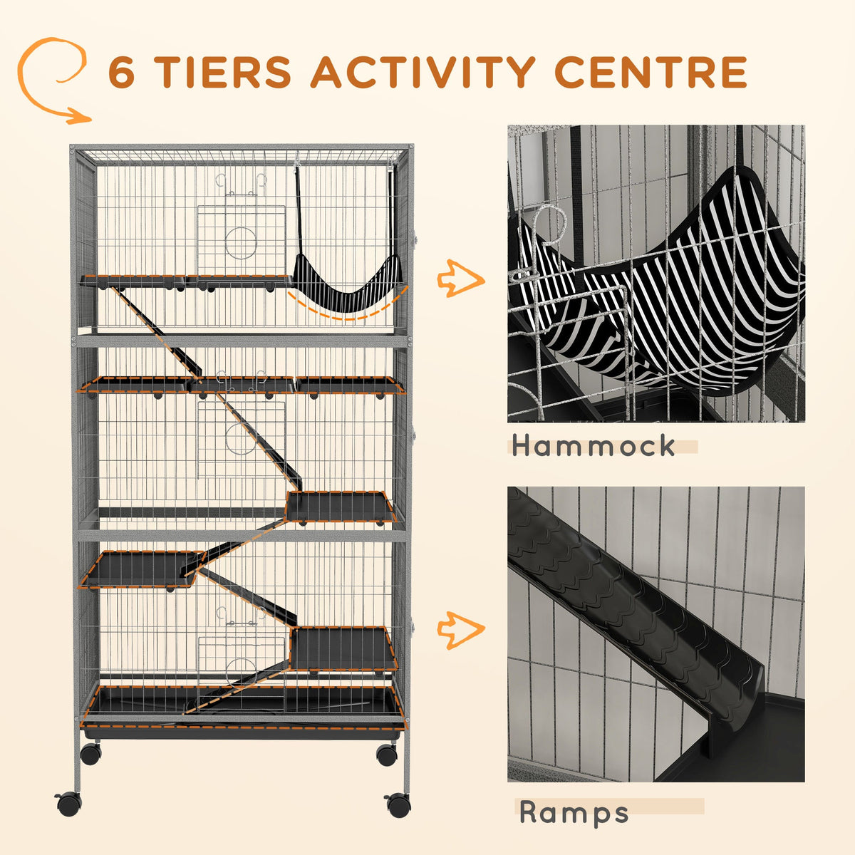 63" H Rolling Small Animal Cage with Hammock, Ferret Cage, Chinchilla Cage, Pet Habitat with 6 Doors, Removable Tray
