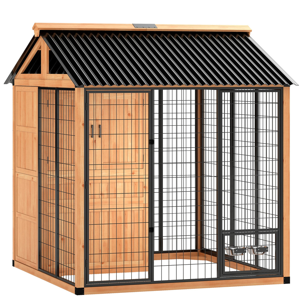 7 x 6 Extra Large Dog House, Wood Outdoor Dog Kennel with Storage Cabinet, Stainless Steel Bowls, Light Yellow