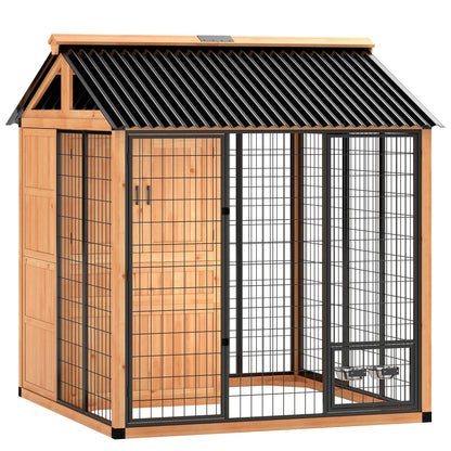 7 x 6 Extra Large Dog House, Wood Outdoor Dog Kennel with Storage Cabinet, Stainless Steel Bowls, Light Yellow