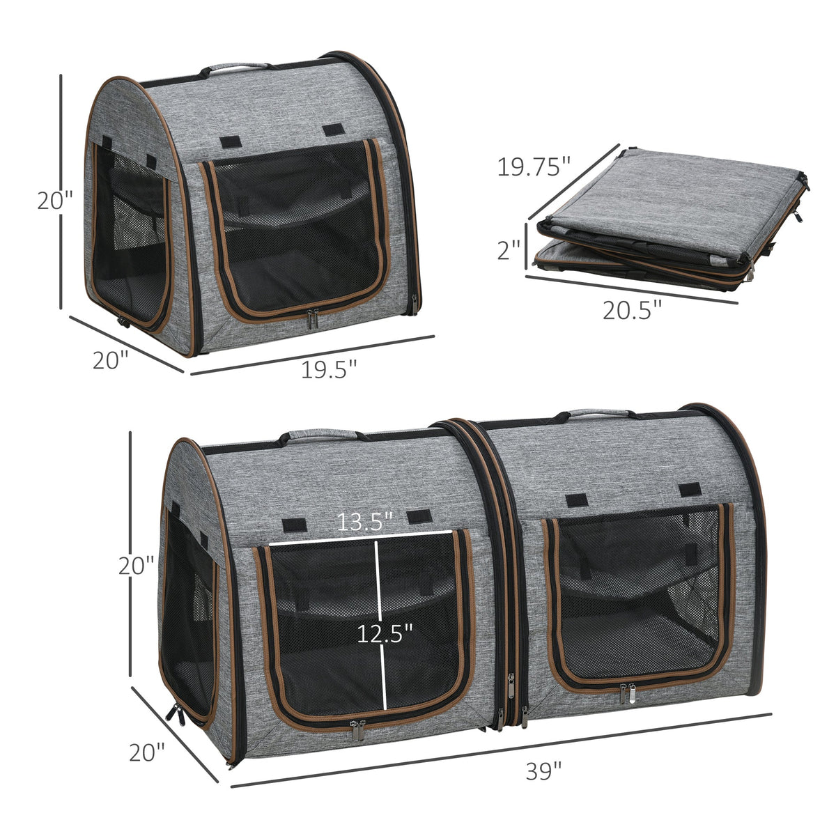39" Portable Soft-Sided Cat Carrier, Cat Kennel, Travel Dog Crate with Divider, Two Compartments, Soft Cushions & Storage Bag, Easy to Fold, Light Gray