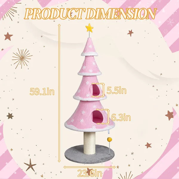 59in Large Tall Christmas Tree Cat Tower With 2 Cat Condos & Scratching Post, Soft Fleece Cat Tree With Teaser Toy & Sturdy Base & Built-in Openings For Indoor Cats, Pink