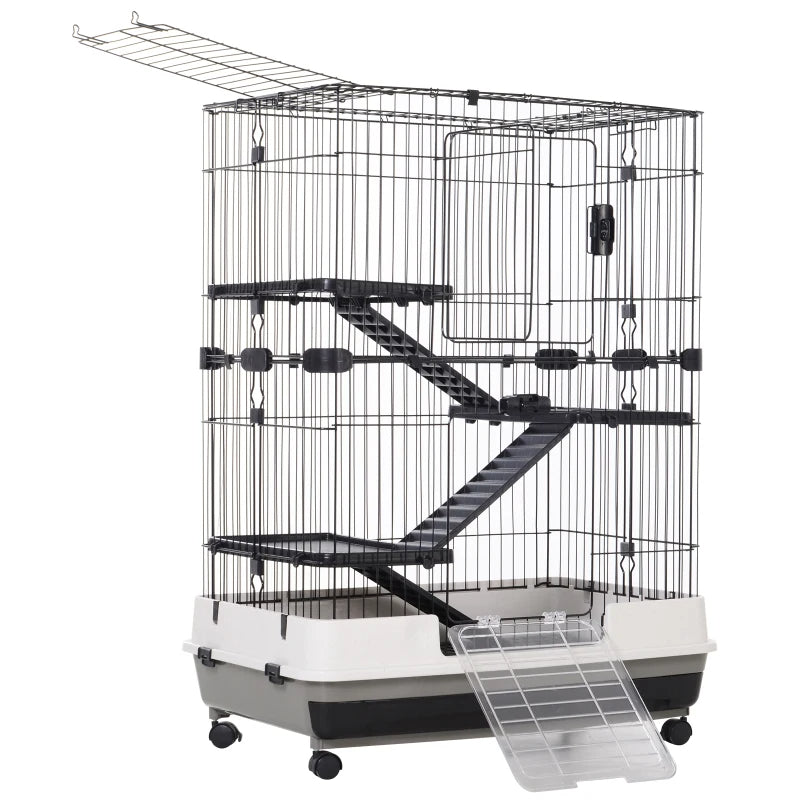 4-Level Small Animal Cage Rabbit Hutch With Universal Lockable Wheels, Slide-out Tray For Bunny, Chinchillas, Ferret, Black