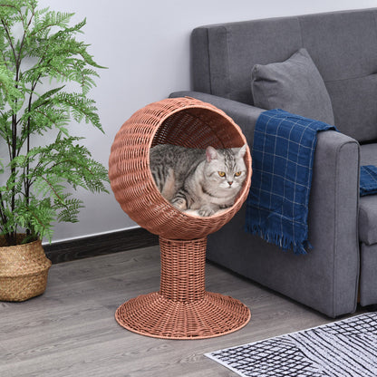 Elevated Cat Bed with Rotatable Egg Chair Pod, Cat Basket Bed with Thick Cushion, Natural Mat Grass Woven Kitty House, Brown