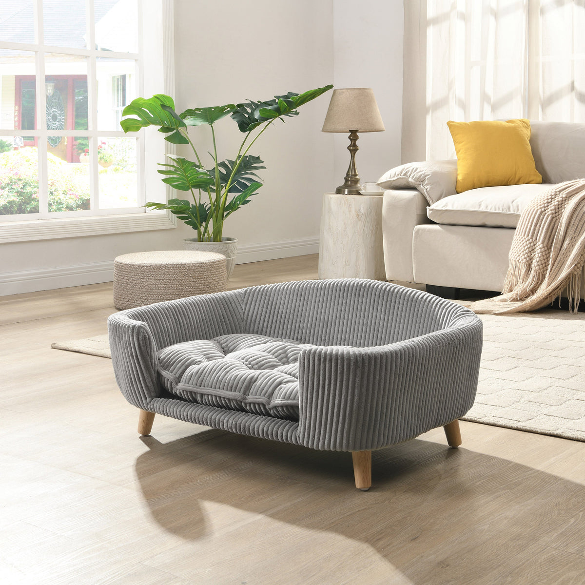 Elevated Dog Bed Frame for Small Dog, Corduroy Pet Couch Bed with Rubber Wood Legs and Supportive Foam, Grey, Easy Assembly