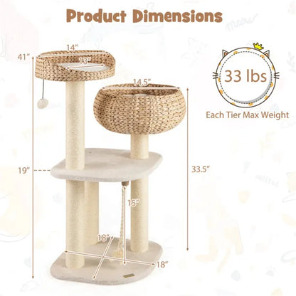 41 Inch Hand-Woven Water Hyacinth Cat Tree, 3 Sisal Scratching Posts Multi-Level Activity Center For Cats-White