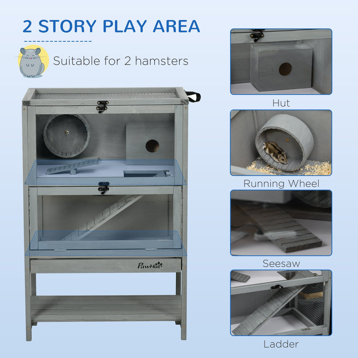 Wooden Hamster Cage with Storage Shelf, Large Rat Mouse Habitat Including Seesaw, Small Animal Cage with Sliding Tray, Wide Ramp for Racing, Running Wheel, 35.5" H
