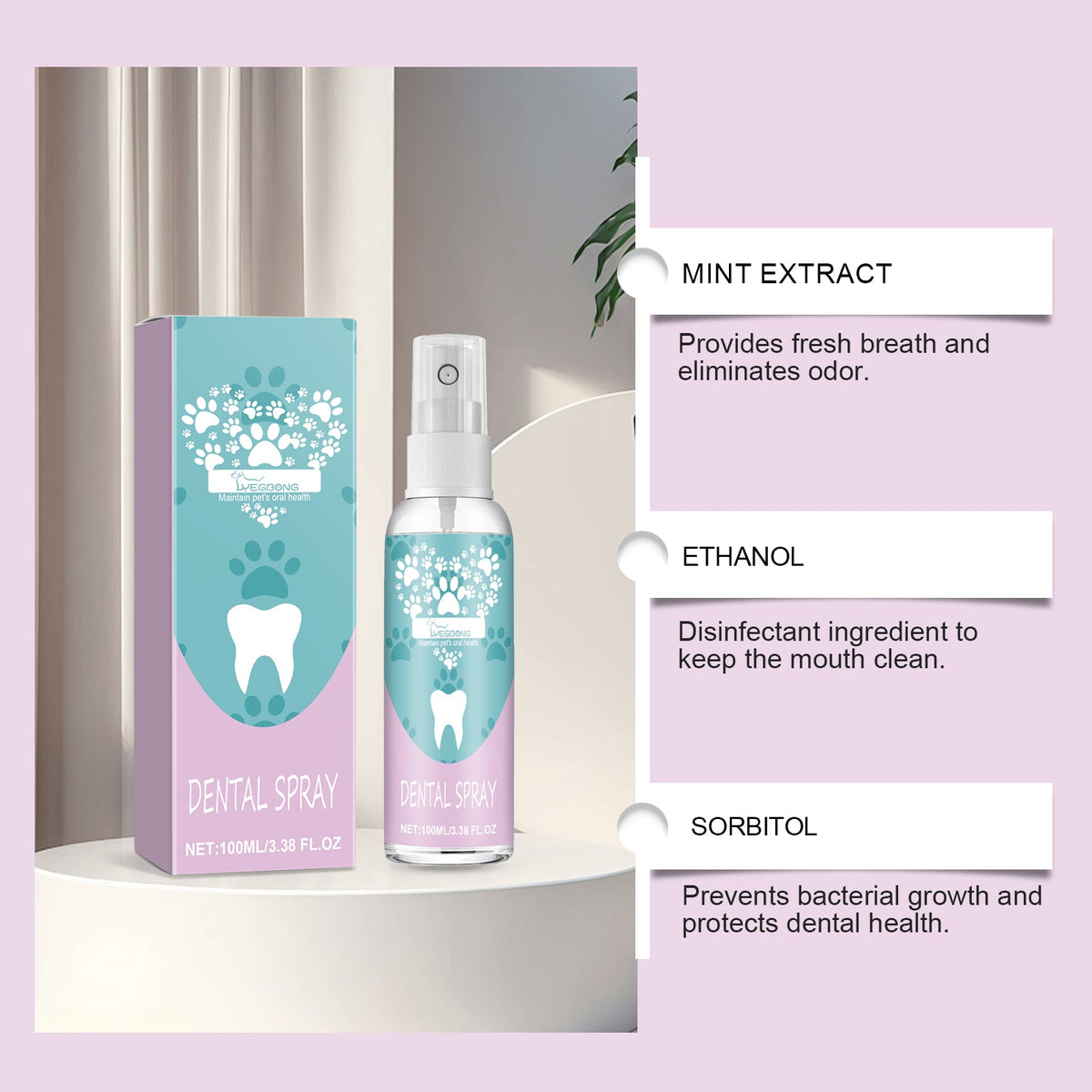 Pet Dental Spray For Dogs & Cats, No Brushing Needed, Freshen Breath & Whiten Teeth Oral Care Spray