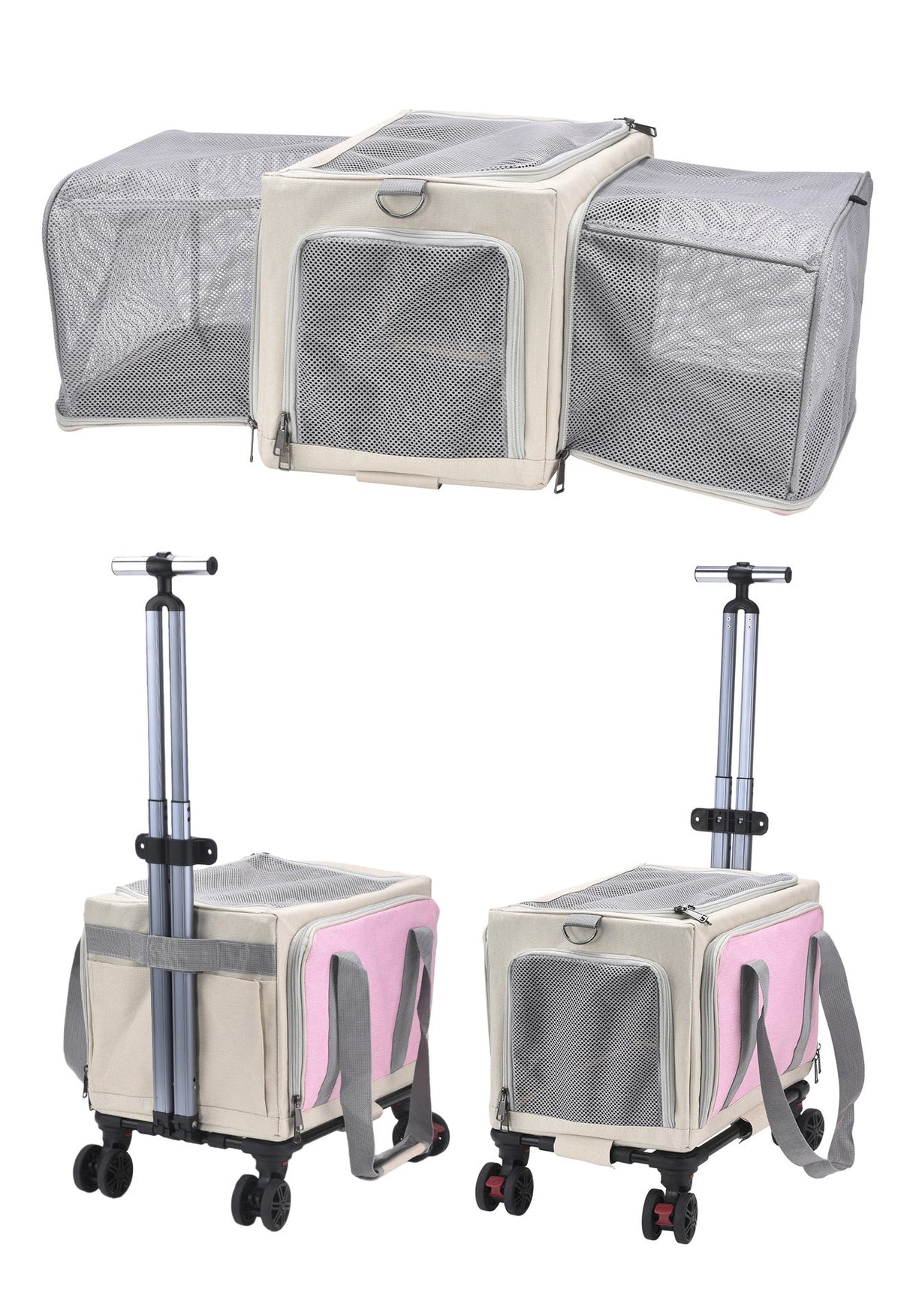 3-Sided Expandable Rolling Pet Carrier With Wheels, Small Cat Dog Travel Carrier, Foldable Portable Bag Grey  For Travel Camping Vet Outdoor Indoor Use