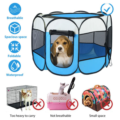 Pink-Blue Options -- 1Pc Portable Foldable Pet Tent Exercise Pen Kennel Removable Zipper Top And Bottom Water Resistant Indoor Outdoor Use For Dogs Cats Other Pets