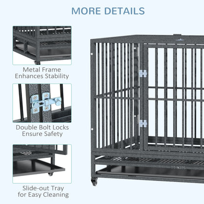 43" Heavy Duty Dog Crate Metal Cage Kennel with Lockable Wheels, Double Door and Removable Tray, Gray
