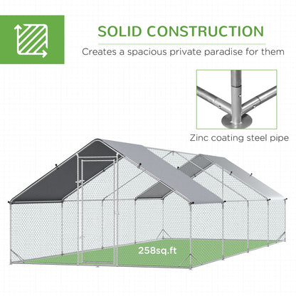 Large Chicken Coop Metal Chicken Run with Waterproof and Anti-UV Cover, Spire Shaped Walk in Fence Cage Hen House for Outdoor and Yard Farm Use, 1" Tube Diameter, 9.8 x 26.2 x 6.6