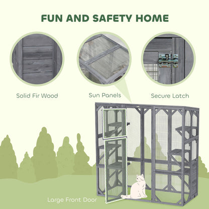 Large Wooden Catio Outdoor with 6 Jumping Platforms, Weatherproof Roof, for 1-3 Cats, 59" x 28" x 60", Gray