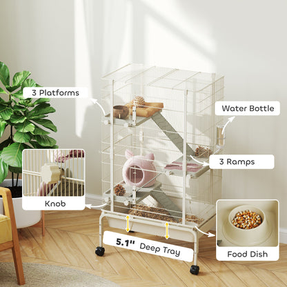 47" Small Animal Cage, 4 Levels Large Rolling Metal Ferret Cage w/ 5.9" Deep Tray, Ramps, Water Bottle, Food Dish, Beige