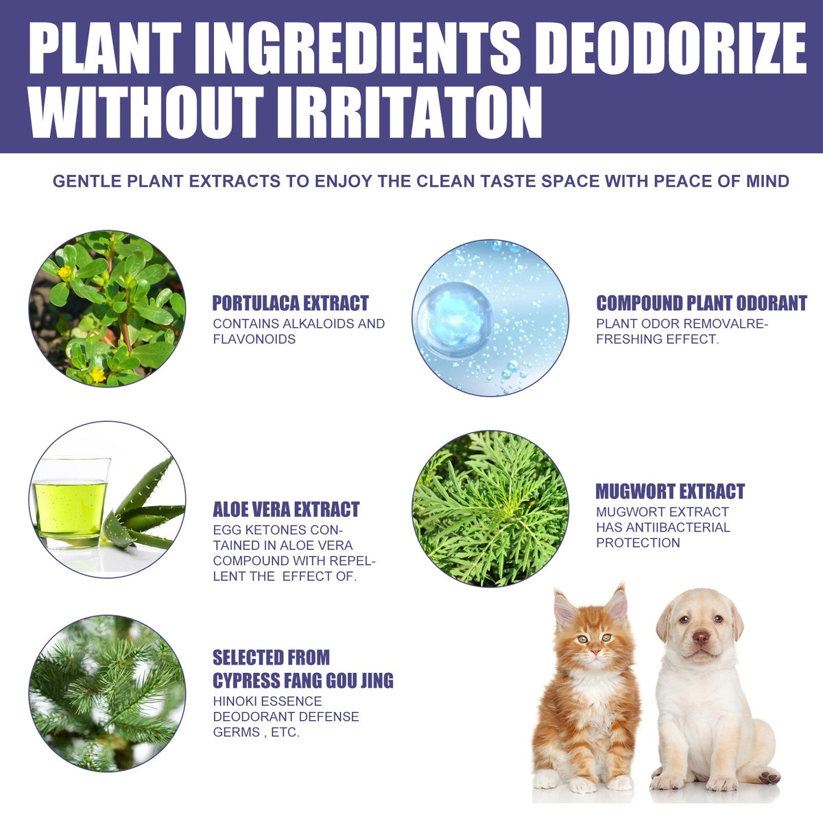 60ml Natural Pet Deodorant Spray With Portulaca & Aloe Extract, Pet Odor Eliminator, Non-Toxic Gentle Formula For Dogs