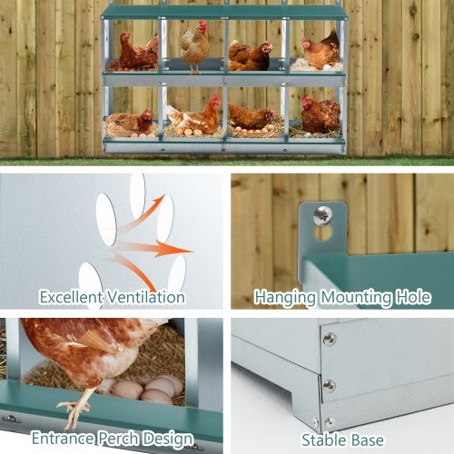 8 Compartment Chicken Nesting Boxes,For Laying Eggs, Metal Poultry Nest Box Wall Mount For Chickens, Hens, Large Vented Holes Chicken Coop Box