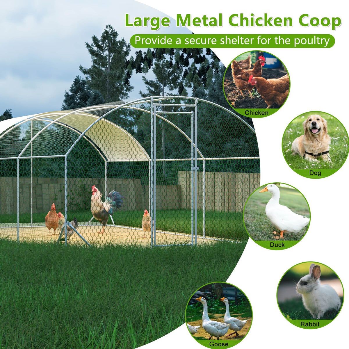 Large Chicken Coop Metal Chicken Run With Waterproof And Anti-UV Cover, Dome Shaped Walk-in Fence Cage Hen House For Outdoor And Yard Farm, 9.84 X 19.68 X 6.56 Ft