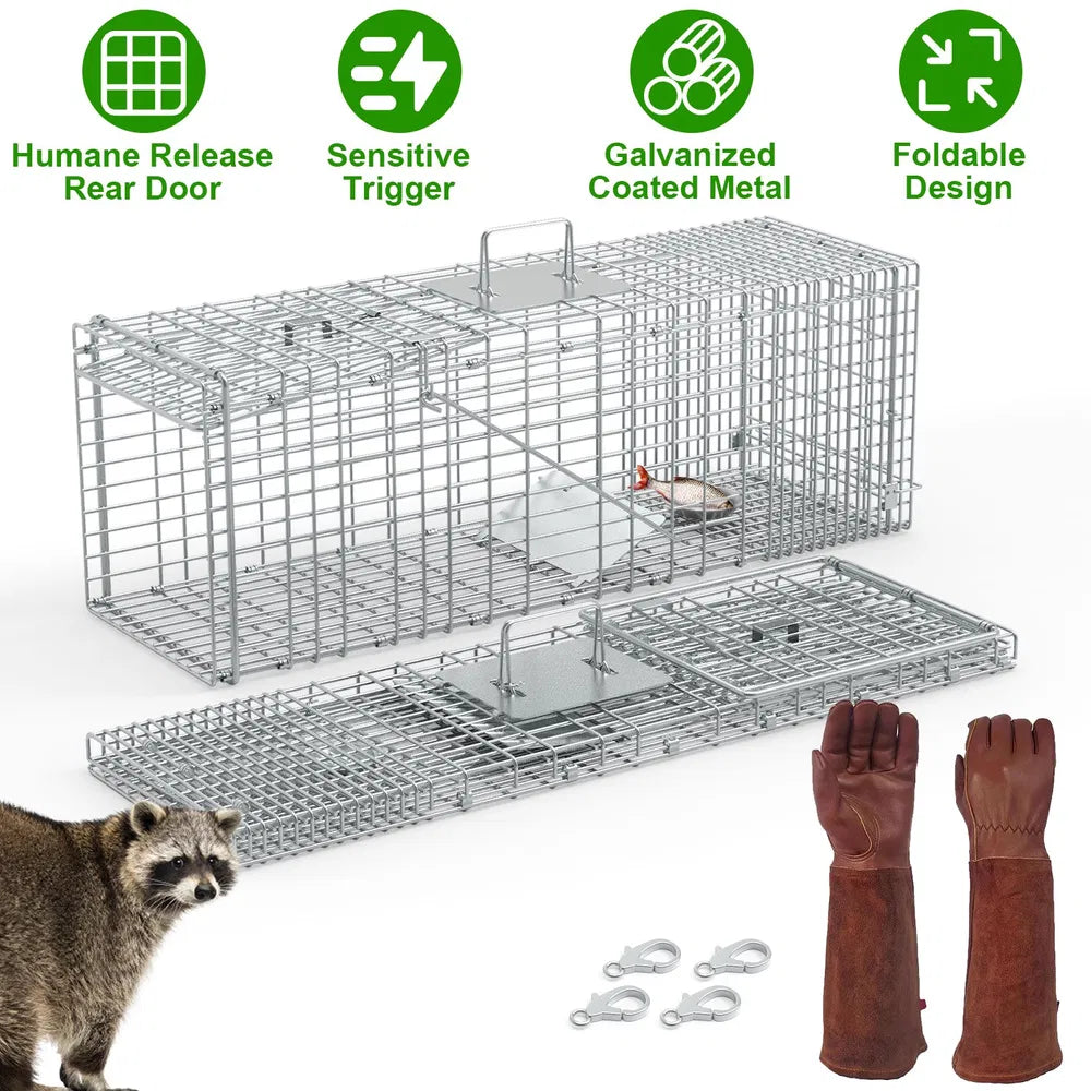 Humane Cat Trap Cage With Gloves Catch Release Live Animal Rodent Cage Collapsible Galvanized Wire For Raccoons Beavers Groundhogs Foxes Armadillos