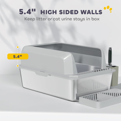 Stainless Steel Litter Box with Metal Scoop & Scoop Holder, High Sided, Anti-Urine Leakage, Non-Sticky