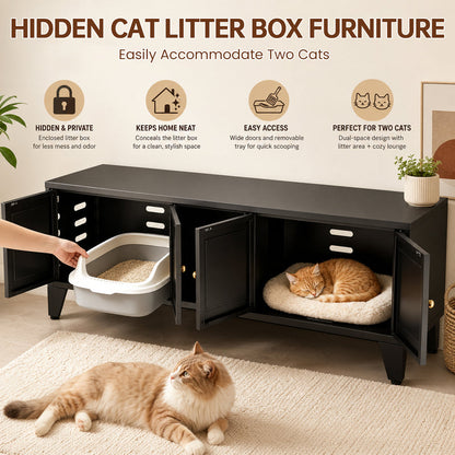 58in Metal Cat Litter Box Enclosure, Hidden Litter Furniture For 2 Cats, Large Indoor Cat House TV Stand Cabinet W Ventilation & 2 Compartments, Black Modern Pet Washroom W Adjustable Legs