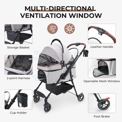 4-Wheel Foldable Pet Stroller For Small Dogs & Cats - 360 Rotating Wheels, Detachable Carrier & Travel Bag Included