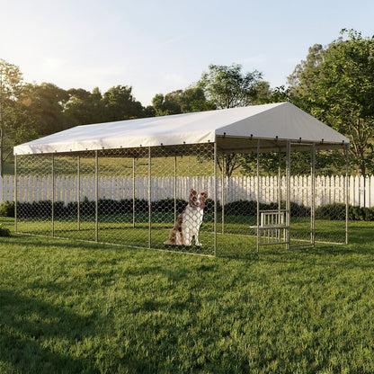 20x10 FT Large Outdoor Dog Kennel with Canopy, Heavy Duty Galvanized Steel Frame, Waterproof Cover, Built-in Elevated Feeding Bowls, Escape-Proof Lockable Pet Playpen for Large Dogs & Multiple Animal