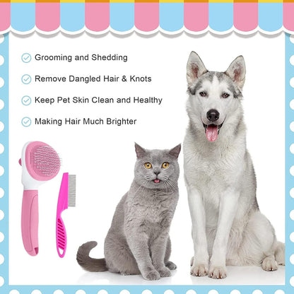 Cat Brushes For Indoor Cats, Dog Brush For Shedding With Metal Cat Comb, Self Cleaning Pet Hair Brush With Release Button For Grooming Kitten