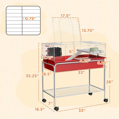 Two-Story Small Animal Cage Removable from Stand, Pet Habitat with Shelf & Wheels, 33" x 18.5" x 35", Red