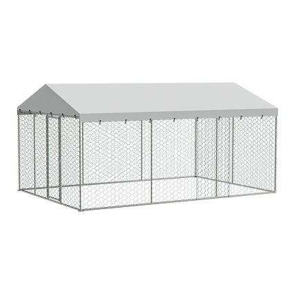 15x10 FT Large Outdoor Dog Kennel with Canopy, Heavy Duty Galvanized Steel Frame, Waterproof Cover, All-Weather Protection, Escape-Proof Lockable Pet Playpen for Large Dogs, Multiple Animals.
