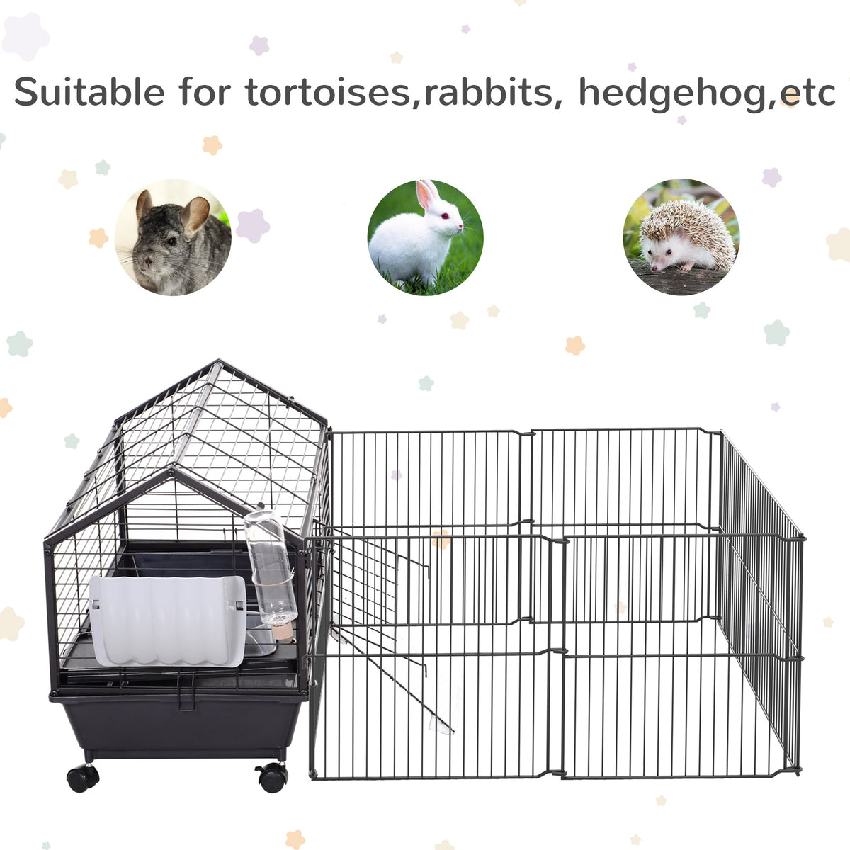 Rolling Metal Rabbit, Guinea Pig, or Small Animal Hutch Cage with Main House and Run