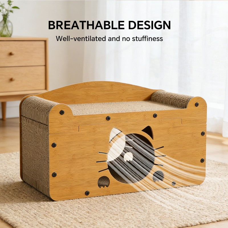 56cm Whisker Cat Shape Cat Scratcher Sofa, Wooden Cat Bed With Upper Scratcher & Lower Private Space, Cat Claw Care & Resting Toy