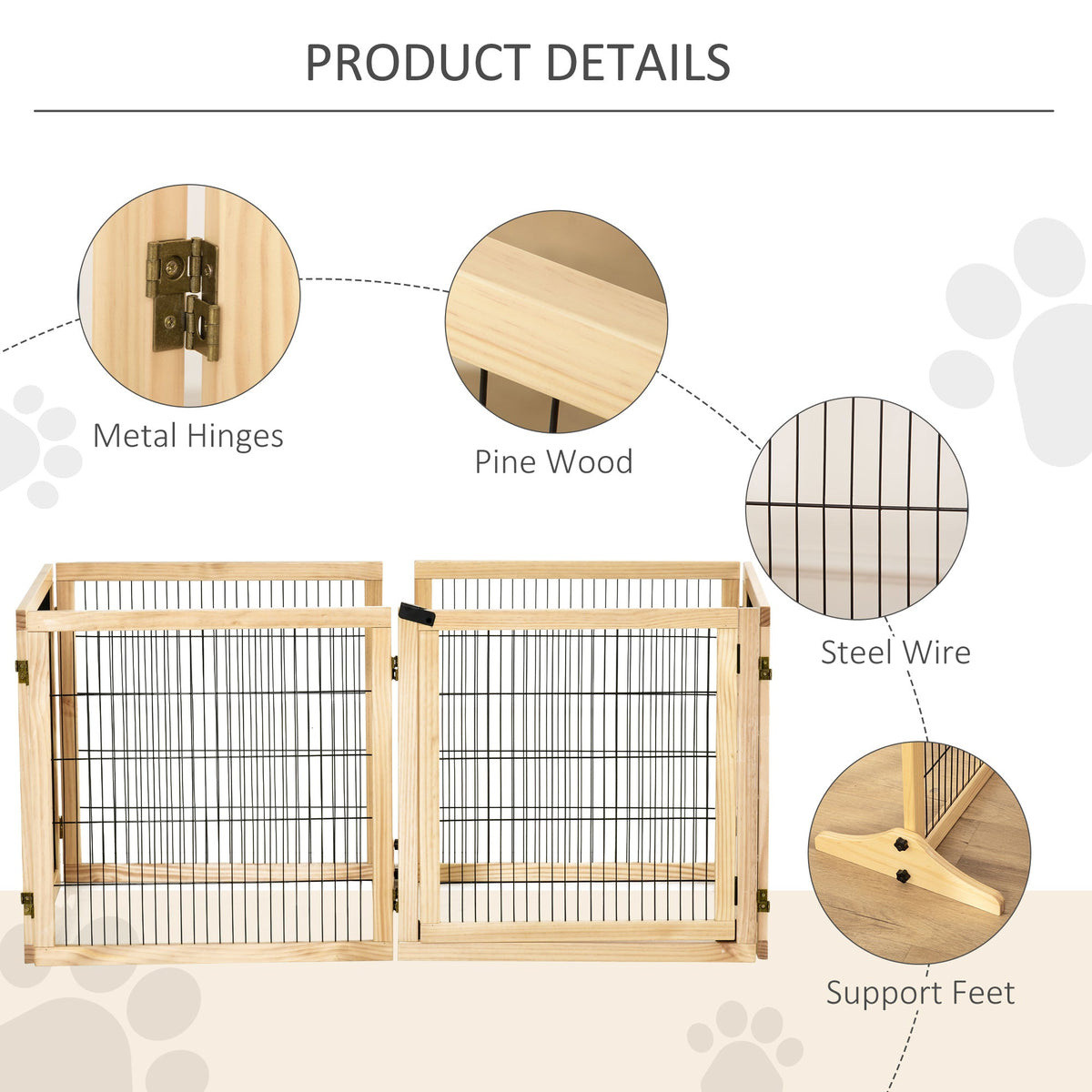 Wooden Pet Gate, 6-Panel Folding Dog Safety Barrier with Support Feet for Small & Medium Dogs, Natural Wood