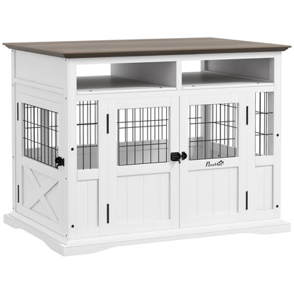 Dog Kennel Furniture Side End Table with Storage, Double Doors for Small and Medium Dogs, White
