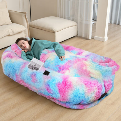 Oversized Human Dog Bed For Adults & Pets, 71 In X45 In X 12 In Ultra Soft Faux Fur Lounger, Washable Floor Bed With Orthopedic Support, Pillow & Blanket Included For Cozy Rest