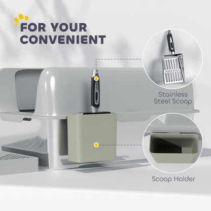 High Sided Stainless Steel Litter Box with Metal Scoop & Scoop Holder, for Easy Clean& Anti-Urine Leakage, Light Gray