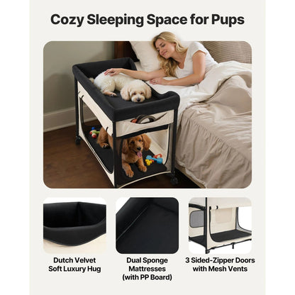 Elevated Lounge Dog Bed XL, Foldable Raised Dog Bed Cot For Large Dogs & Cats, Portable Pet Bed With Wheels, 600D Oxford Cloth & Dutch Velvet Cushion, Indoor & Outdoor Dog Bed With Side Storage Bags,